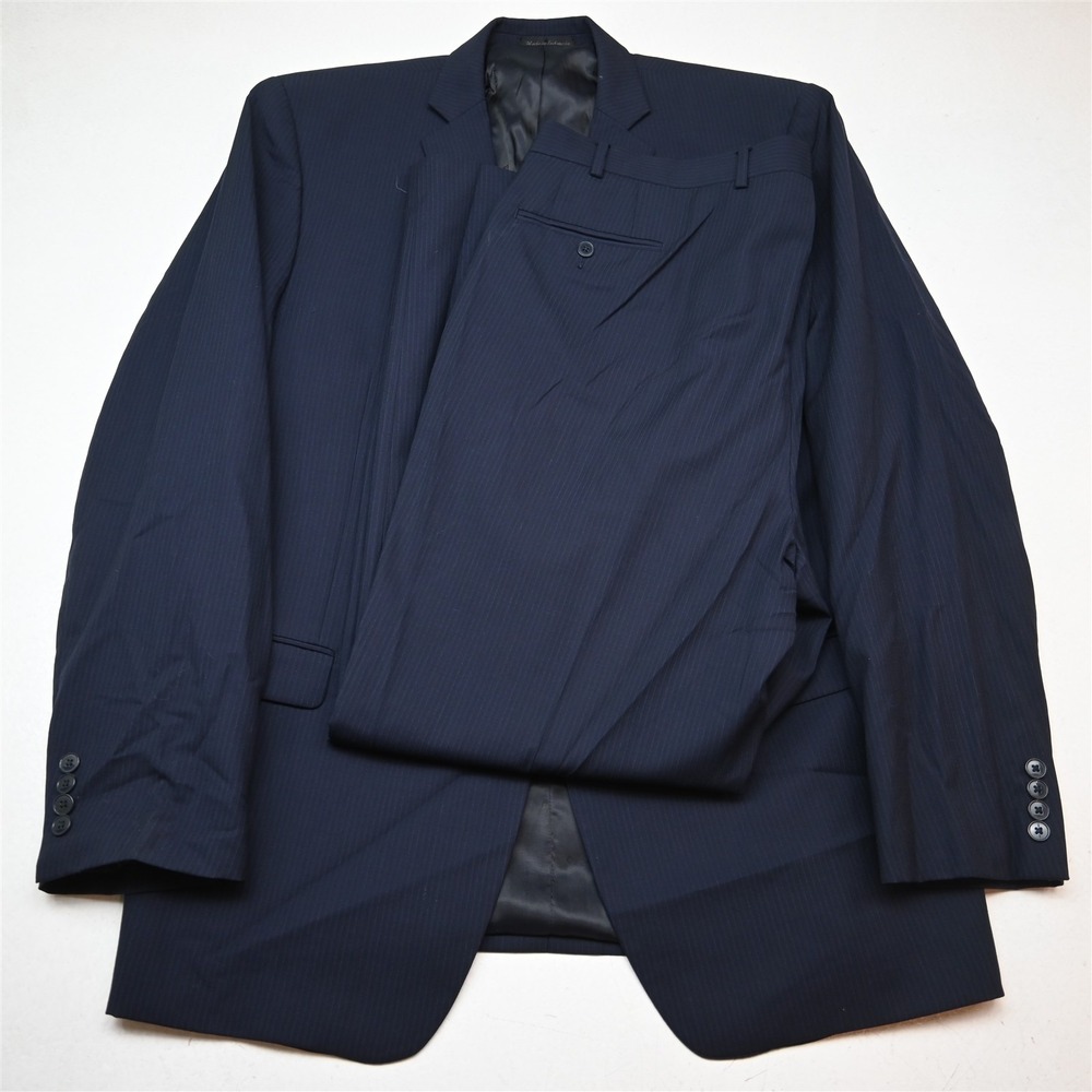 Calvin Klein 46L 42x32 Navy Blue Striped 100% Wool Mens Jacket Pants Suit